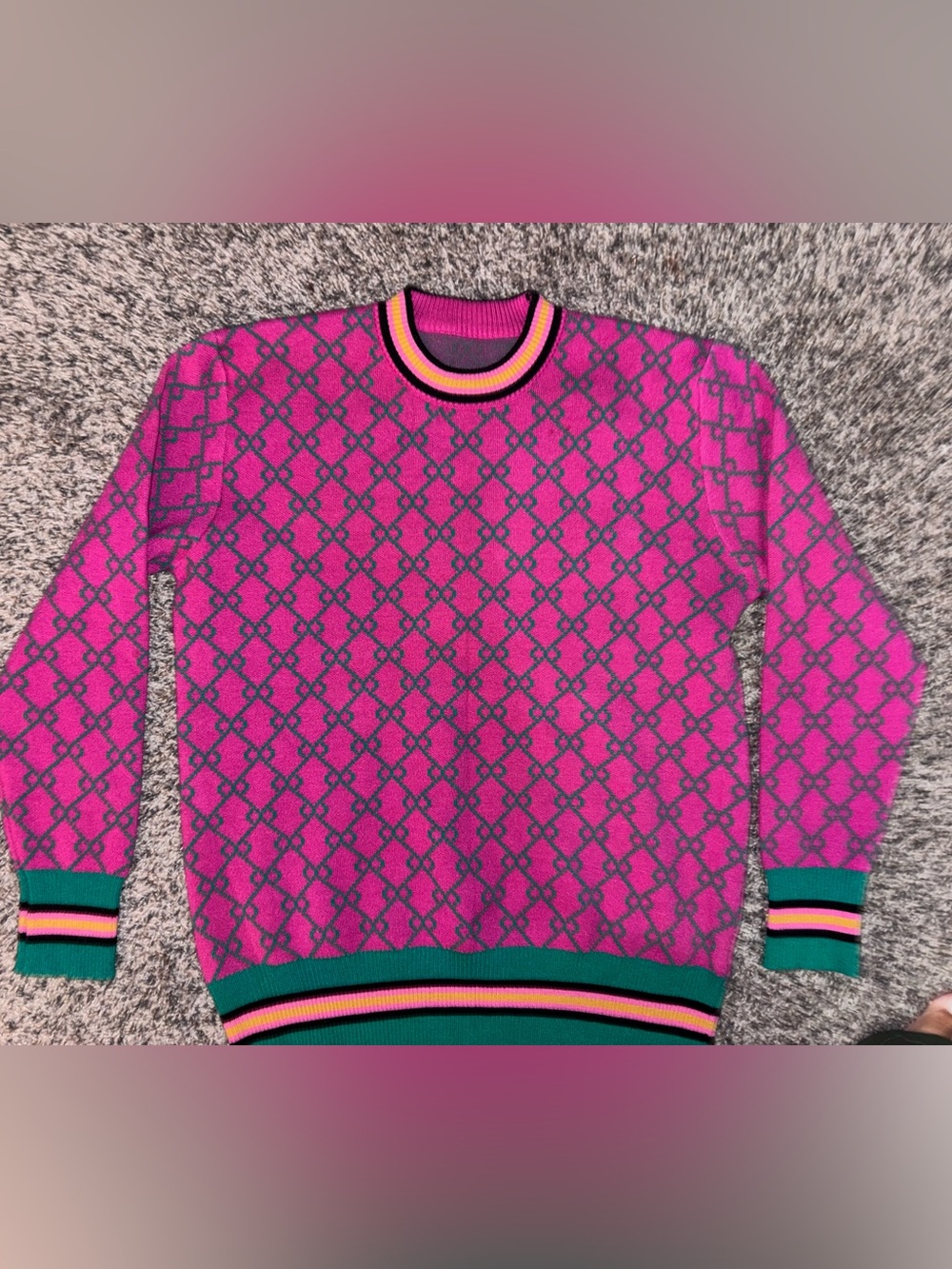 Women's Pink Patterned Crewneck Sweater with Contrasting Trim